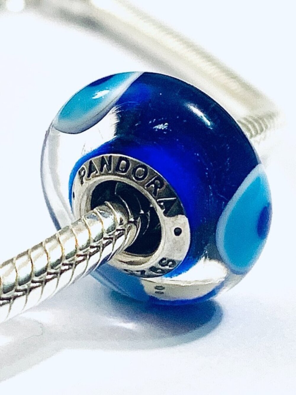 Pandora Evil Eye Murano Glass Silver Charm / Pandora Silver Bracelet